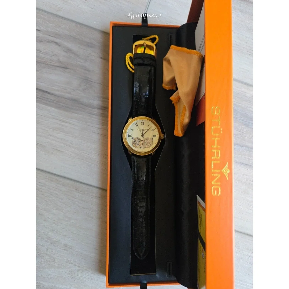 Stuhrling Mens Watch Automatic Dual Time Skeleton Leather ST9S001 40 Jewels
